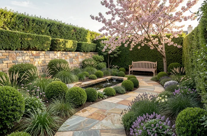 Jardin résidentiel aménagé par des experts paysagistes avec allée en pierre et massifs floraux