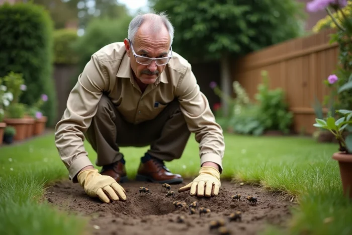 Jardinier portant des gants et des lunettes de protection observant avec précaution un nid de guêpes dans son jardin