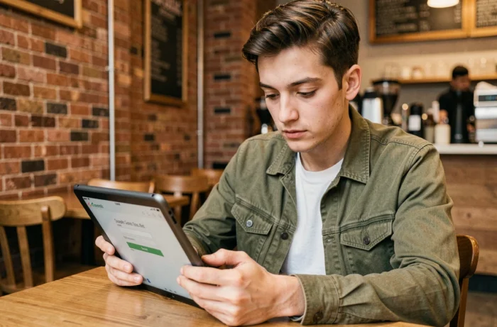 Jeune adulte accédant à sa nouvelle adresse mail sur le webmail de Créteil depuis une tablette dans un café
