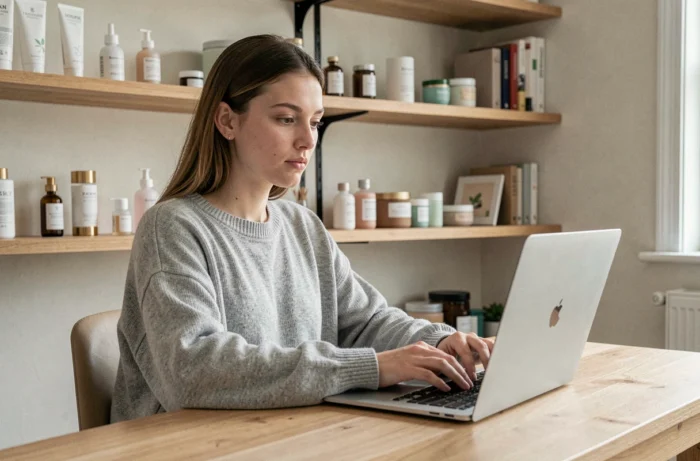 Jeune femme consultant le site de la marque Typology sur un ordinateur portable depuis son bureau à domicile, entourée de produits de soin minimalistes