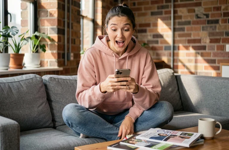 Jeune femme surprise en train de scroller sur son smartphone dans un appartement moderne, découvrant des tendances virales sur internet