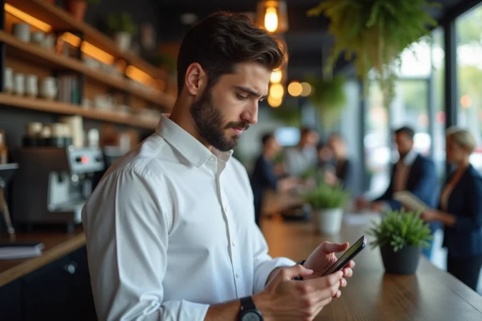 Jeune homme consultant les cours de la bourse en temps réel sur son smartphone dans un café urbain animé