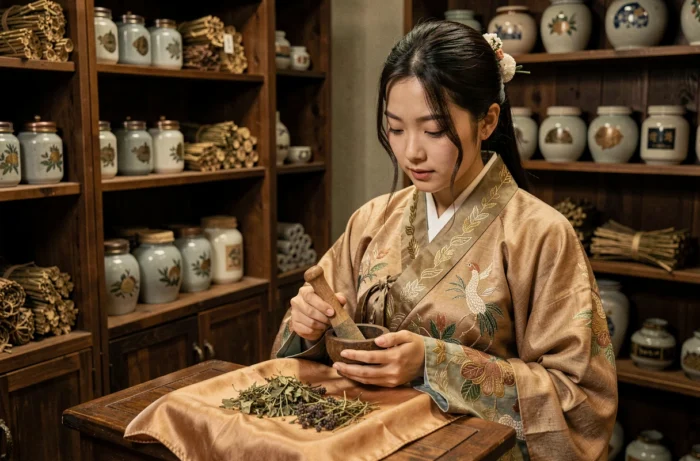 Jeune femme en robe hanfu brodée tenant un mortier et un pilon dans une pharmacie impériale chinoise remplie de jarres en céramique et d'herbes séchées, évoquant l'univers de The Apothecary Diaries