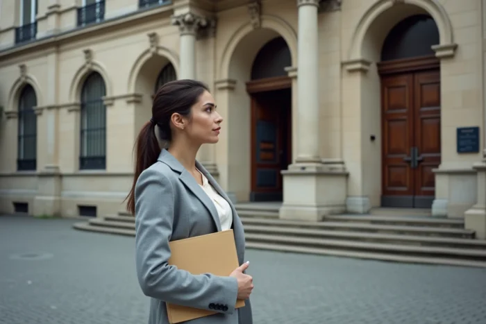 Juriste devant le Conseil d'État à Paris tenant des documents administratifs illustrant le droit public français