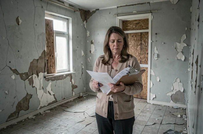 Femme tenant des documents officiels dans une maison dégradée et inhabitable, illustrant les démarches pour justifier l'inhabitabilité auprès des impôts