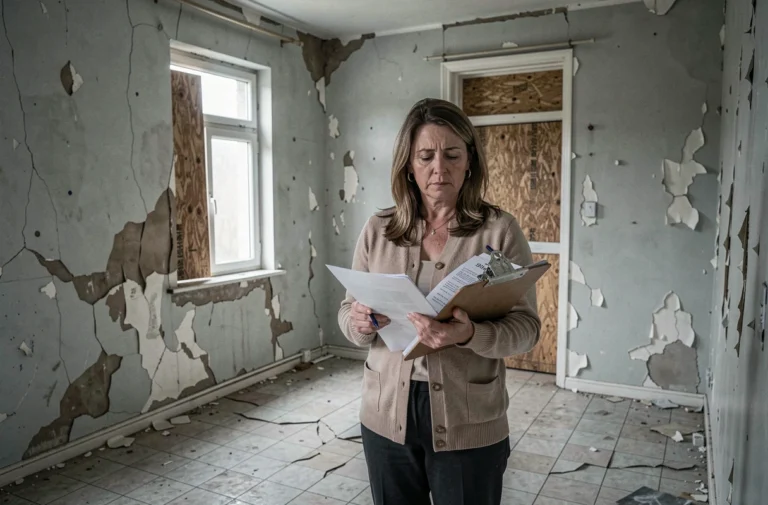 Femme tenant des documents officiels dans une maison dégradée et inhabitable, illustrant les démarches pour justifier l'inhabitabilité auprès des impôts