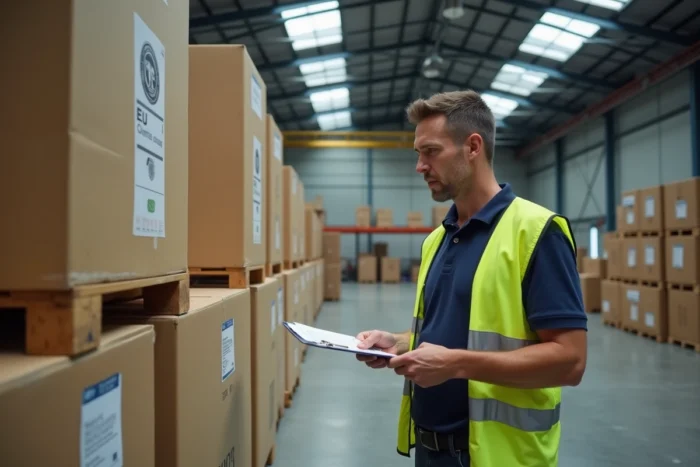 Coordinateur logistique vérifiant des documents de traçabilité EEC dans un entrepôt de distribution européen