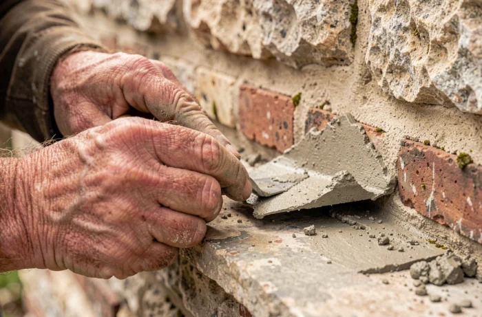 Gros plan sur les mains d'un maçon posant des pierres calcaires lors d'une rénovation d'une maison rurale dans le Cher