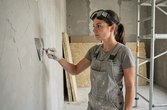 Maçonne professionnelle appliquant de l'enduit sur un mur intérieur lors d'une rénovation résidentielle
