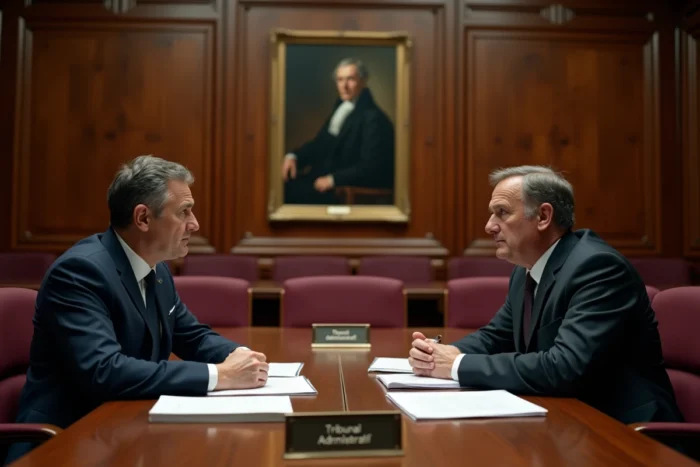 Deux magistrats administratifs en discussion dans une salle d'audience d'un tribunal administratif français