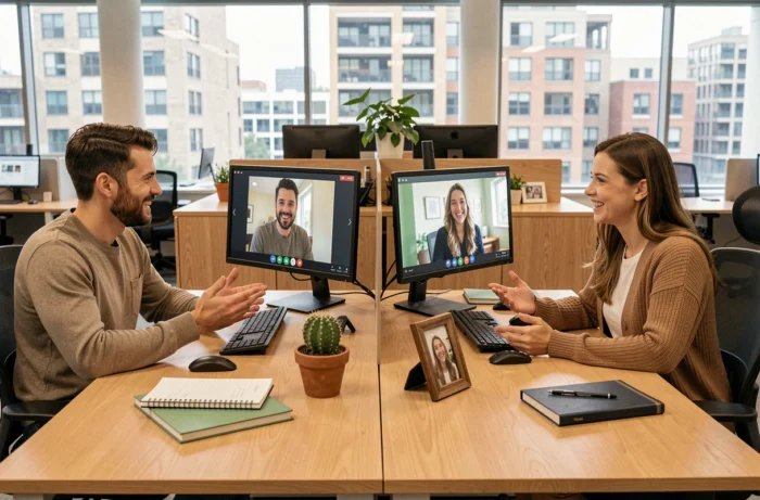 Deux collègues maintiennent le lien après le départ à l'étranger grâce à un appel vidéo depuis leur bureau respectif