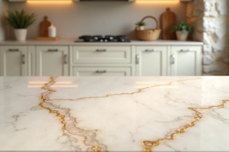 Dalle de marbre galala beige avec veinage doré sur un comptoir de cuisine moderne dans une maison bretonne près de Vannes