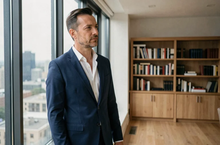 Portrait d'un homme discret en costume marine regardant par la fenêtre d'un appartement moderne, illustrant la vie privée et l'intimité conjugale