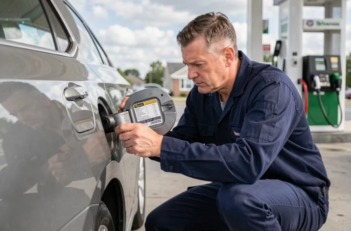 Mécanicien lisant l'étiquette de carburant à l'intérieur du bouchon de réservoir d'une voiture moderne dans une station-service