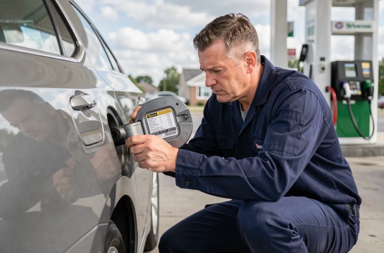 Mécanicien lisant l'étiquette de carburant à l'intérieur du bouchon de réservoir d'une voiture moderne dans une station-service
