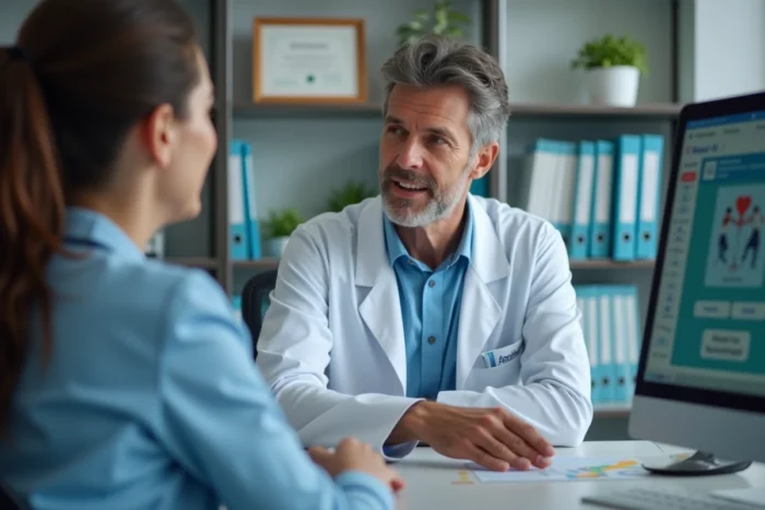 Médecin généraliste expliquant à un patient comment régulariser une ALD sur la carte Vitale