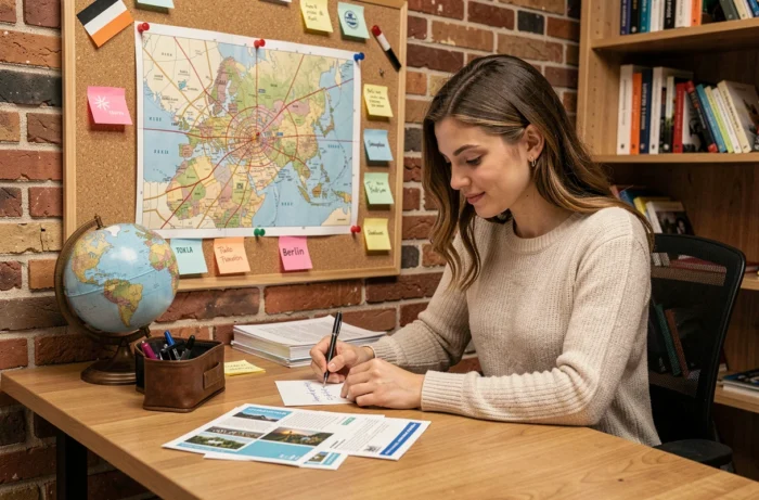 Une jeune femme écrit une carte mentionnant le pays et la ville de destination de son collègue sur un bureau entouré de cartes illustrées
