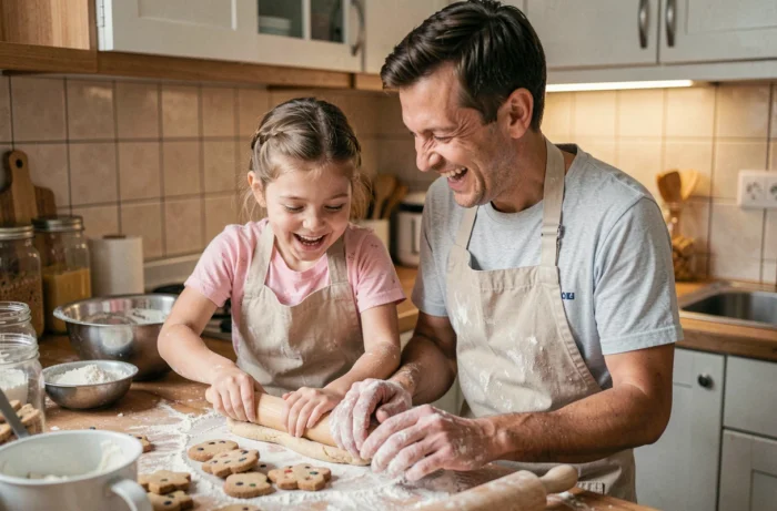 Père et fille préparant des biscuits ensemble dans la cuisine, activité complice en famille
