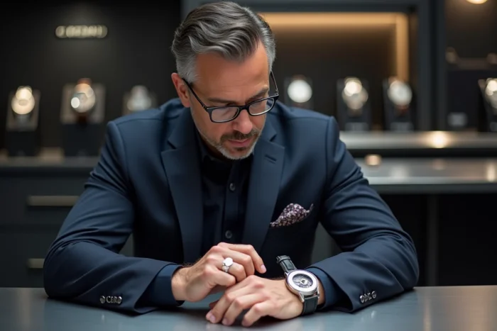 Homme en costume de luxe examinant une montre mécanique haut de gamme dans un atelier horloger contemporain
