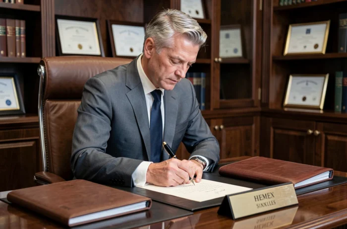 Un cadre supérieur rédige un mot formel et élégant à la main sur du papier à lettres de qualité pour saluer le départ à l'étranger d'un collègue