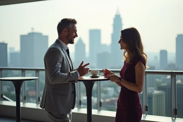 Deux professionnels en tenue business discutant lors d'une réception de réseautage sur un rooftop avec panorama urbain en arrière-plan