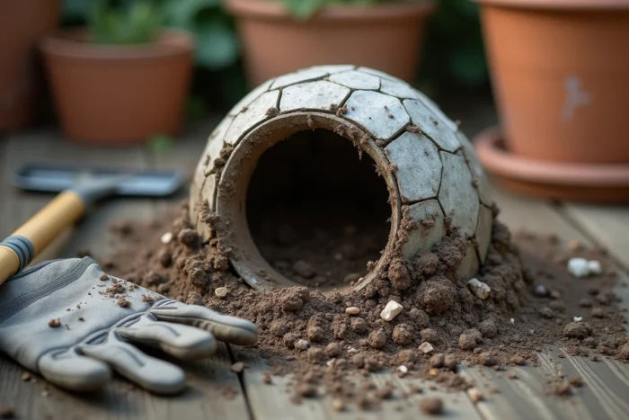 Nid de guêpes souterraines extrait du sol posé sur une surface en bois montrant sa structure en papier gris et ses alvéoles intérieures