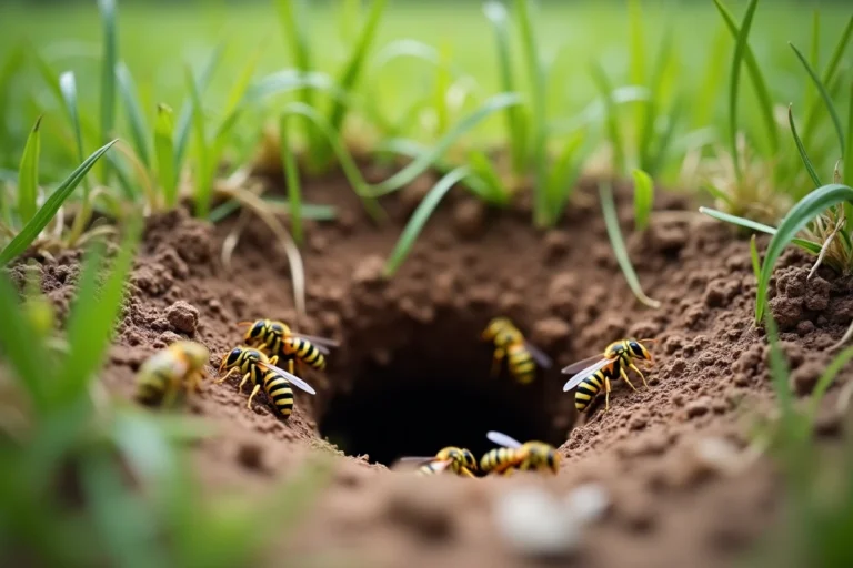 Entrée d'un nid de guêpes de terre dans une pelouse de jardin avec plusieurs guêpes visibles au sol