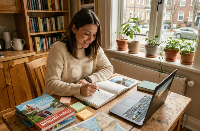 Femme organisant un voyage à la maison avec des guides de voyage, une carte et un ordinateur portable ouvert sur une table en bois