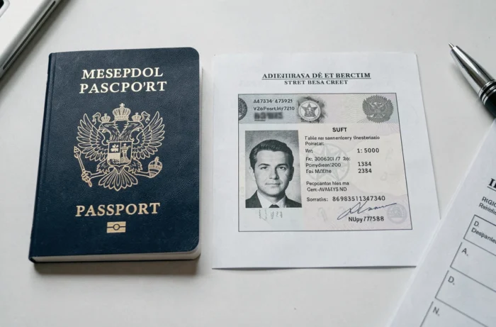 Vue de dessus d'un passeport ouvert et de sa photocopie conforme posés sur un bureau blanc avec un formulaire administratif