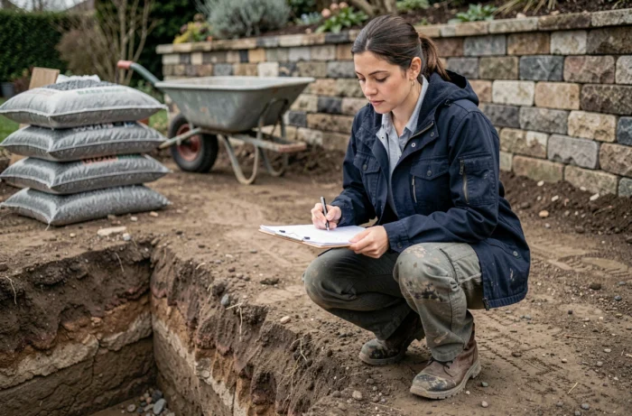 Paysagiste féminine analysant les plans de décaissement d'une terrasse devant une fouille rectangulaire dans un jardin en travaux