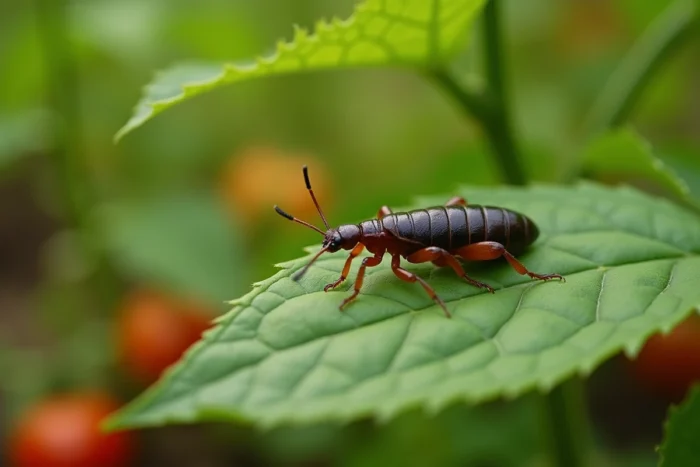 Gros plan macro d'un perce-oreille sur une feuille verte dans un potager, montrant ses pinces caractéristiques et son corps brun segmenté