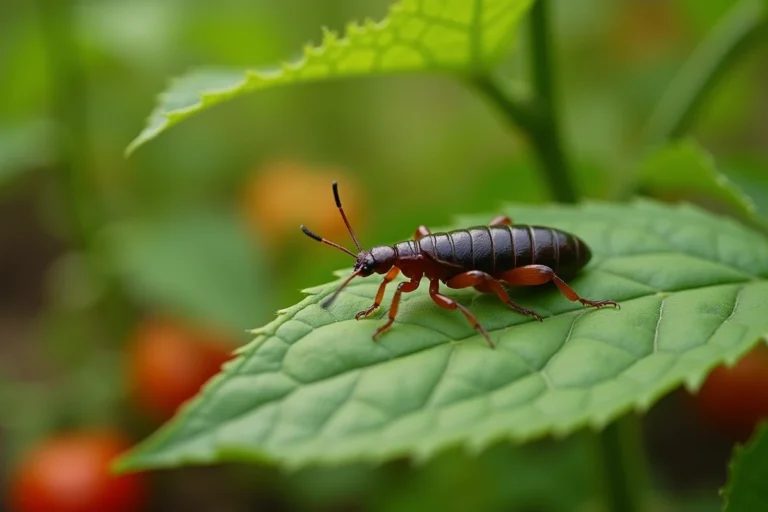 Gros plan macro d'un perce-oreille sur une feuille verte dans un potager, montrant ses pinces caractéristiques et son corps brun segmenté