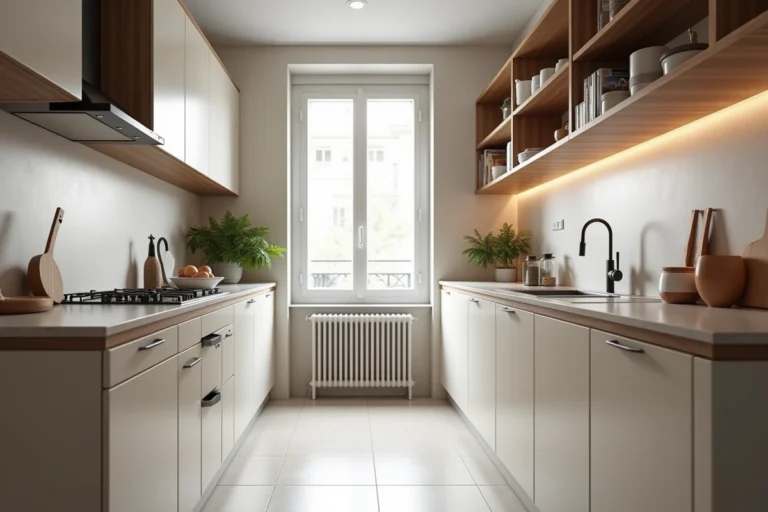 Vue grand angle d'une petite cuisine parisienne compacte aux tons neutres, aménagée pour paraître plus grande grâce à des astuces déco sans travaux