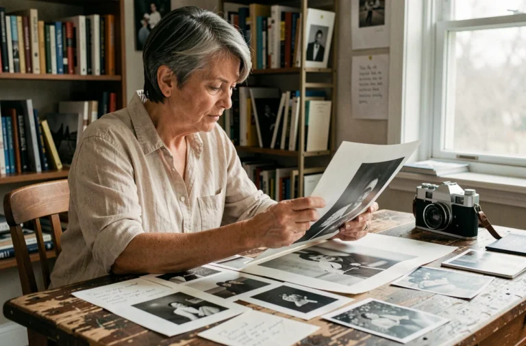 Photographe femme examinant des tirages autobiographiques dans un studio personnel encombré de livres et de notes manuscrites