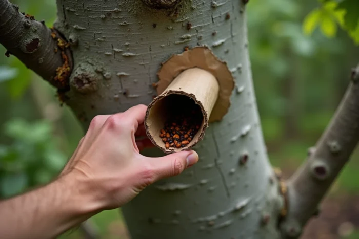 Main d'un jardinier plaçant un piège à perce-oreilles en carton roulé sur l'écorce d'un arbre fruitier dans un verger