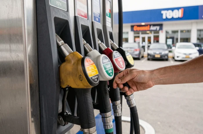 Close-up of colorful fuel nozzles at a gas station pump with a hand choosing the right type of gasoline