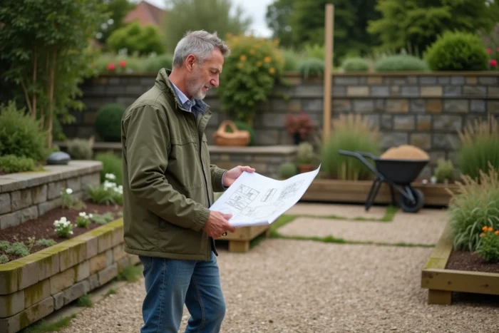 Homme consultant un plan d'aménagement paysager dans un jardin résidentiel en cours de transformation, avec des allées en gravier, des bacs surélevés en bois et une muret en pierre