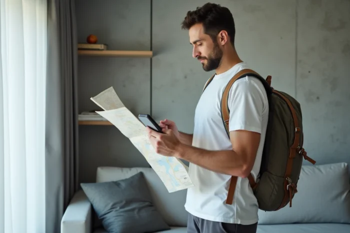 Homme planifiant un voyage dans son appartement avec carte routière et application mobile