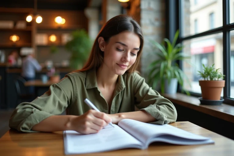 Femme préparant son voyage dans un café avec un magazine et une liste de contrôle manuscrite