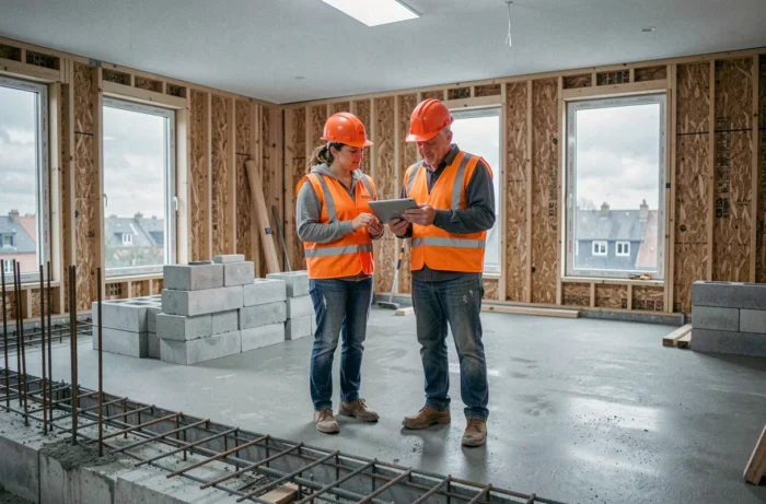 Deux professionnels du bâtiment en train d'examiner les plans d'une construction neuve à Bourges dans le Cher