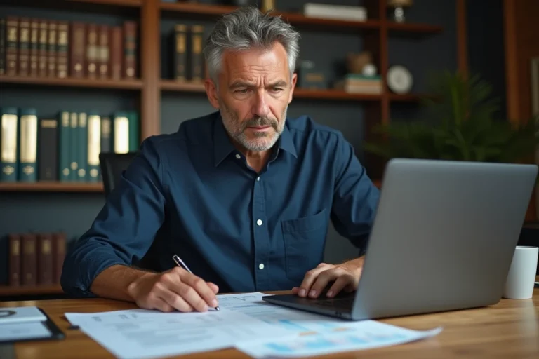 Propriétaire bailleur analysant des documents fiscaux et des contrats de location sur un bureau en bois à domicile