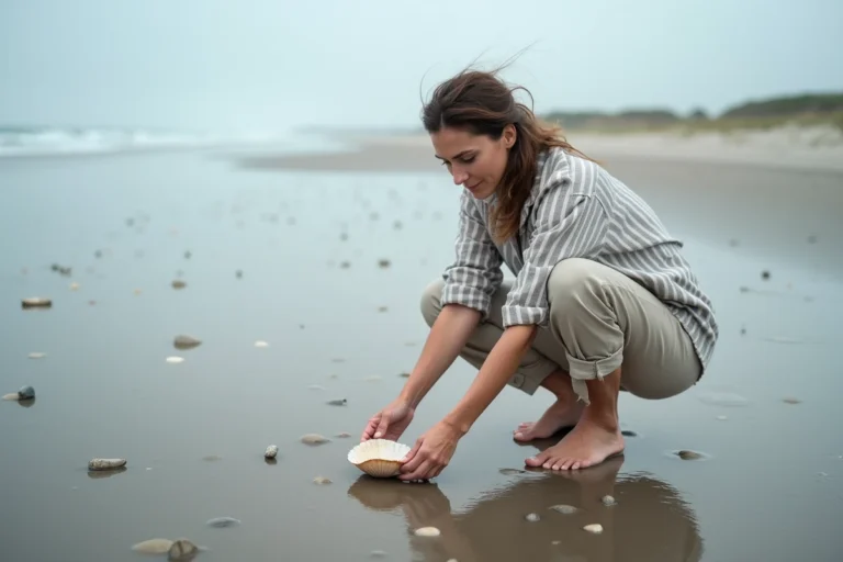 Femme ramassant des coquillages sur une plage des Landes à marée basse, sable mouillé et coquilles dispersées au premier plan