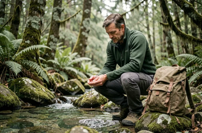 Randonneur découvrant un ruisseau de montagne cristallin au cœur d'une forêt tropicale tempérée lors d'un voyage nature