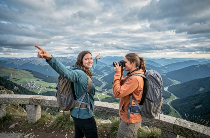Deux femmes randonneuses découvrant un panorama de montagne avec un village en contrebas lors d'un voyage nature