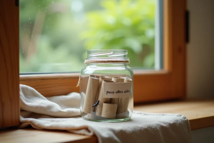 Bocal en verre avec des tubes de papier journal servant de refuge à perce-oreilles posé sur un rebord de fenêtre en bois dans une cuisine, avec vue sur le jardin