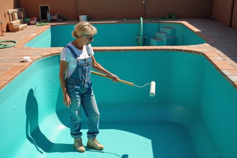 Femme appliquant de la peinture turquoise sur les parois intérieures d'une piscine vide avec un rouleau à long manche