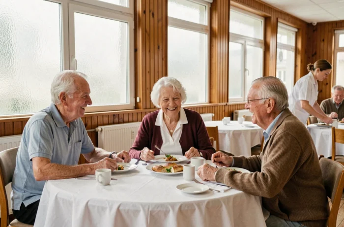 Trois personnes âgées partageant un repas ensemble dans la salle à manger d'une maison de retraite en Belgique