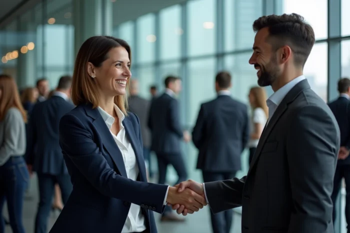 Femme d'affaires et homme en costume se serrant la main lors d'un événement de réseautage professionnel dans une salle de conférence moderne avec vue sur la ville