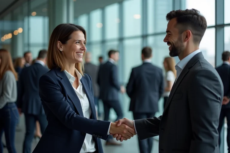 Femme d'affaires et homme en costume se serrant la main lors d'un événement de réseautage professionnel dans une salle de conférence moderne avec vue sur la ville