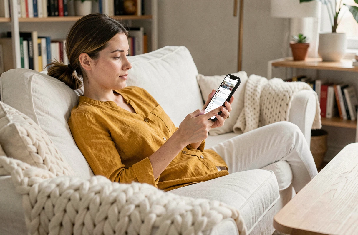 Femme naviguant sur Instagram pour retrouver ses demandes d'abonnement envoyées depuis son canapé